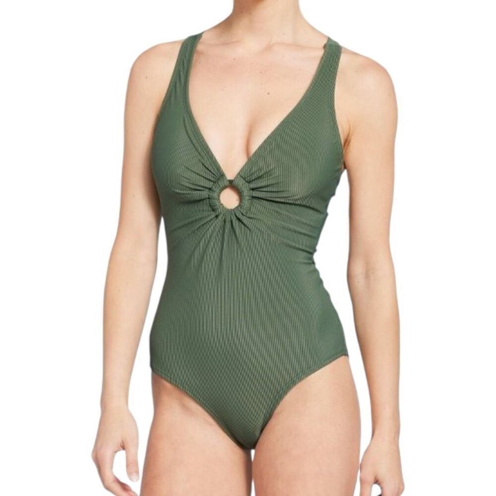 NEW Shade & Shore Gree. Ribbed Plunge‎ Ring Detail One Piece Swimsuit S